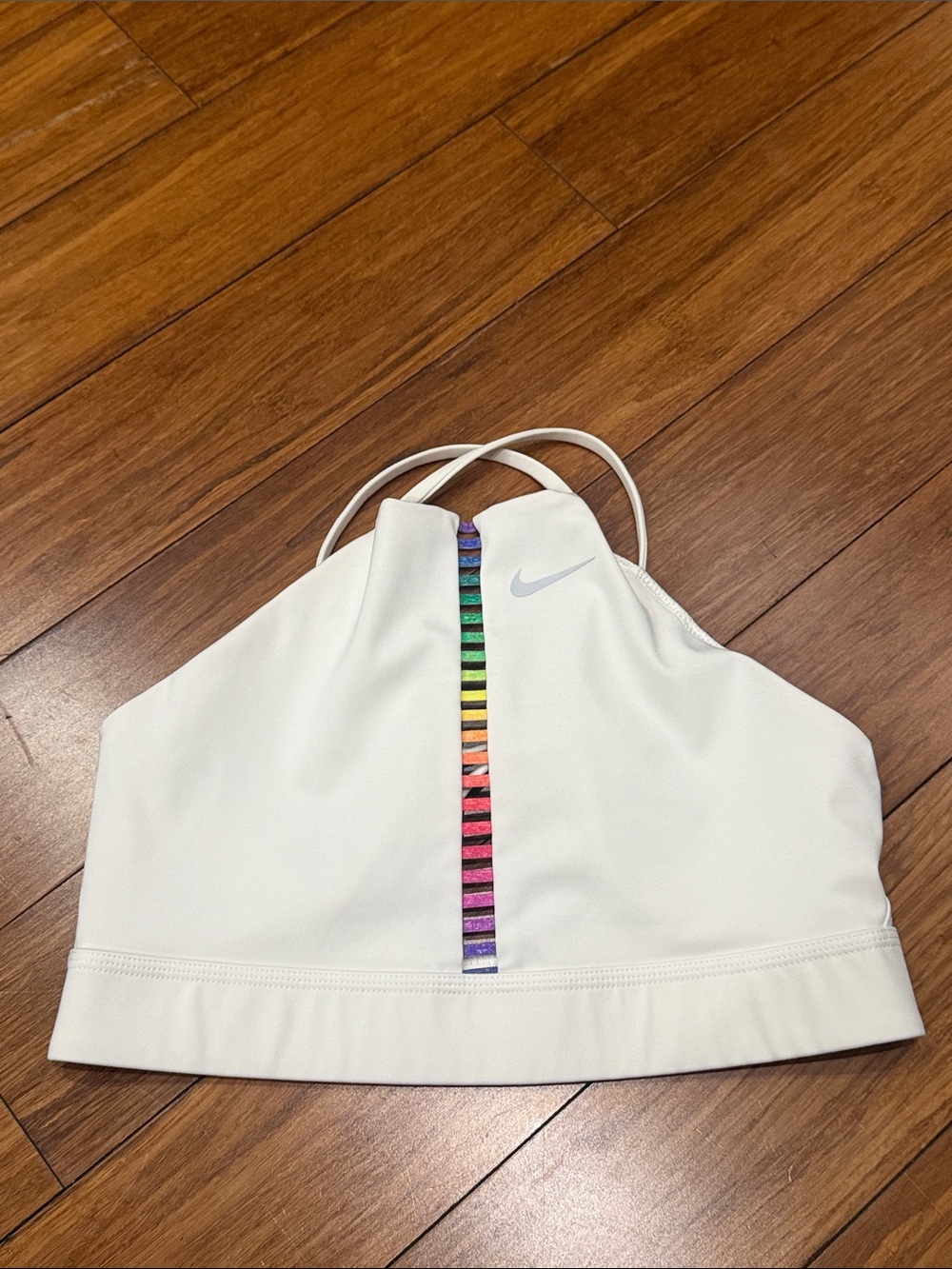 Nike White Halter Sports Bra with Rainbow Center Stripe